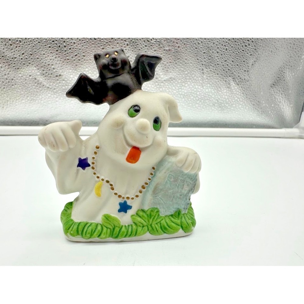 Vintage Ceramic Halloween Ghost with Bat and Tombstone Tea Light Holder 3.25in